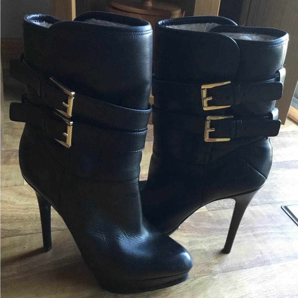 COPY - Michael Kors Black Mae Leather Shearling Buckle Boots Platform Stiletto …